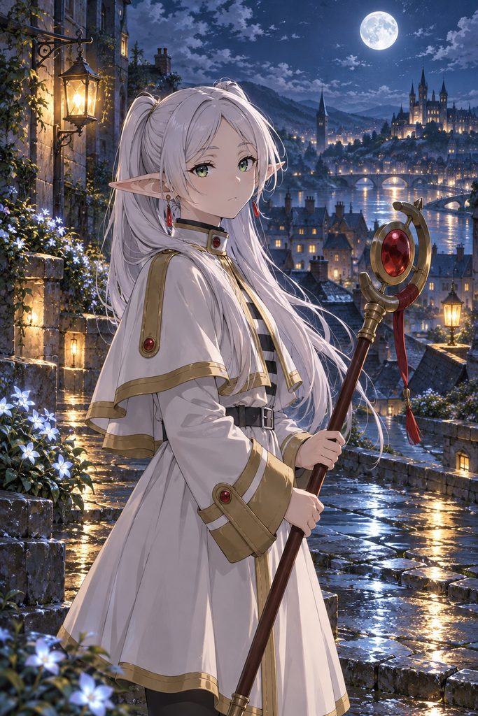 Frieren walking along a moonlit path beneath a star-filled night sky.