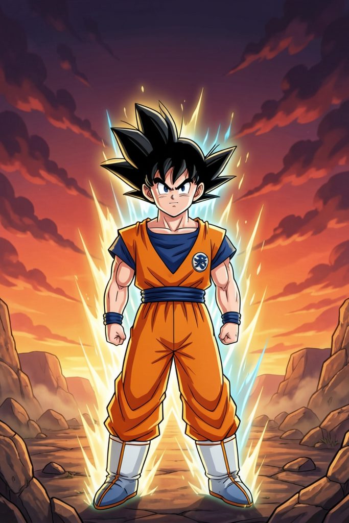 Son Goku in his orange gi beneath a fiery dusk sky.