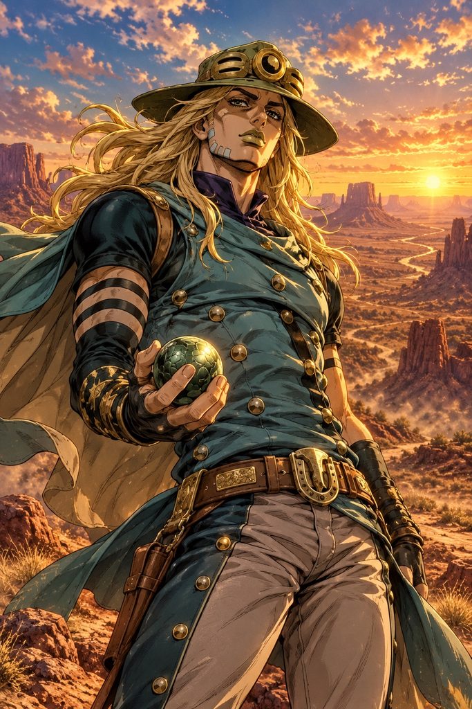 Gyro Zeppeli in a sunlit Western-style landscape, dressed in his signature hat and coat.
