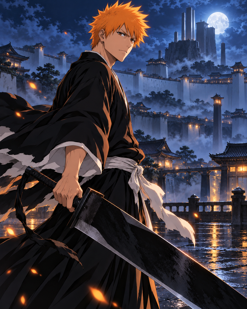 Ichigo Kurosaki holding his sword in a moonlit Seireitei courtyard.