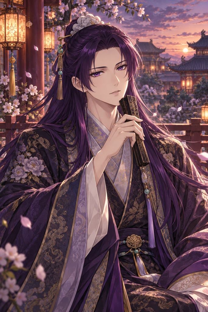 Jinshi standing in an elegant palace garden at dusk.