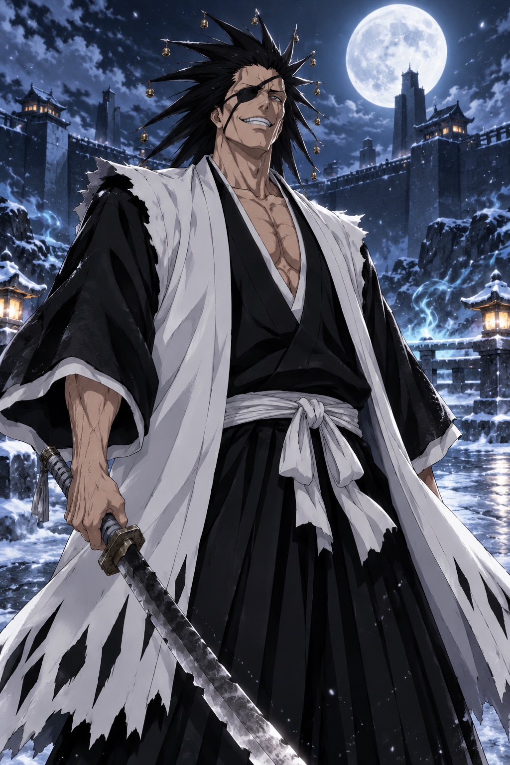 Kenpachi Zaraki in a snow-covered Soul Society courtyard beneath a full moon.