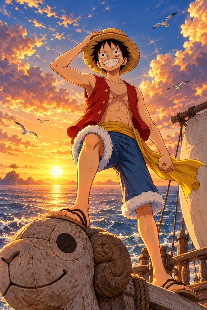 Monkey D. Luffy standing on a ship’s bow as the sun sets over the ocean.