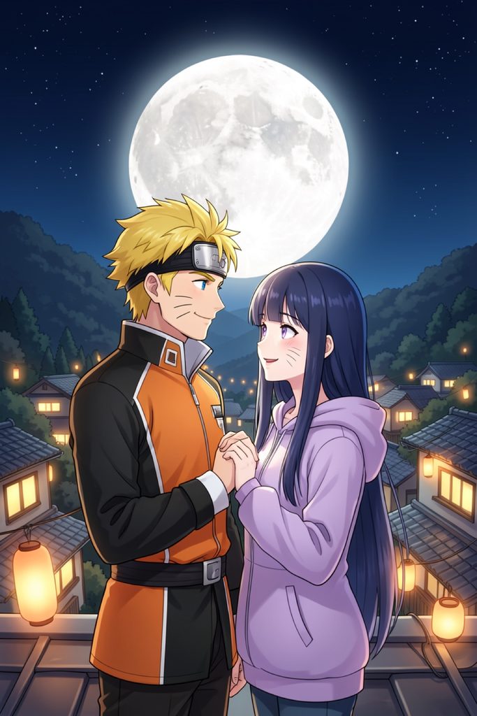 Naruto and Hinata standing together beneath a full moon on a village rooftop.