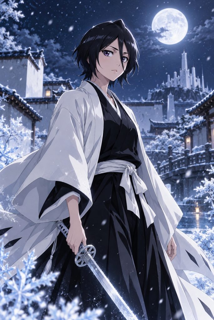 Rukia Kuchiki standing in a quiet, snow-dusted courtyard at night.