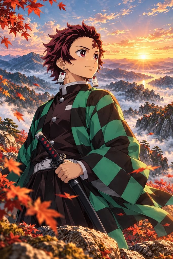 Tanjiro Kamado on a quiet autumn hillside with warm leaves in the air.